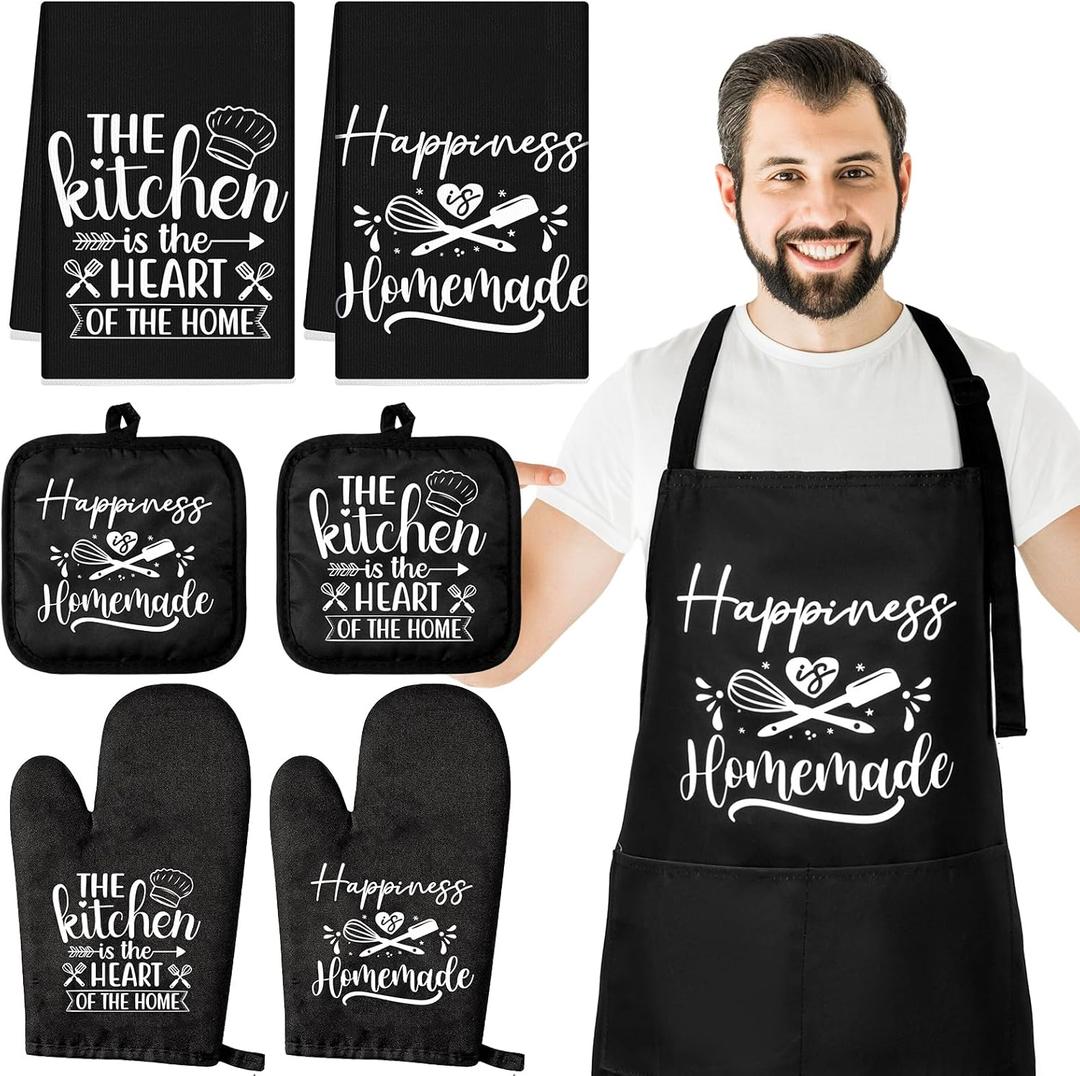 Sratte 7 Pcs Kitchen Towels Oven Mitts and Pot Holders with Cooking Apron 1 Chef Cooking Apron 2 Dish Towels 2 Kitchen Oven Mitts 2 Heat Resistant Pot Holder with Hanging Loop Set (Delicate)