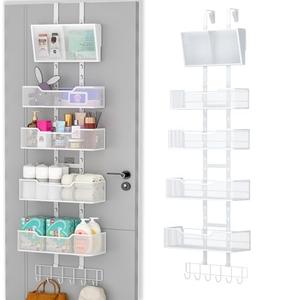 Hongtamoya Adjustable Over The Door Organizer, Hanging Door Storage with PVC Pocket and 4 Metal Baskets Wall Mount, Closet Door Organizer Behind Door Rack for Bathroom Bedroom Closet, White