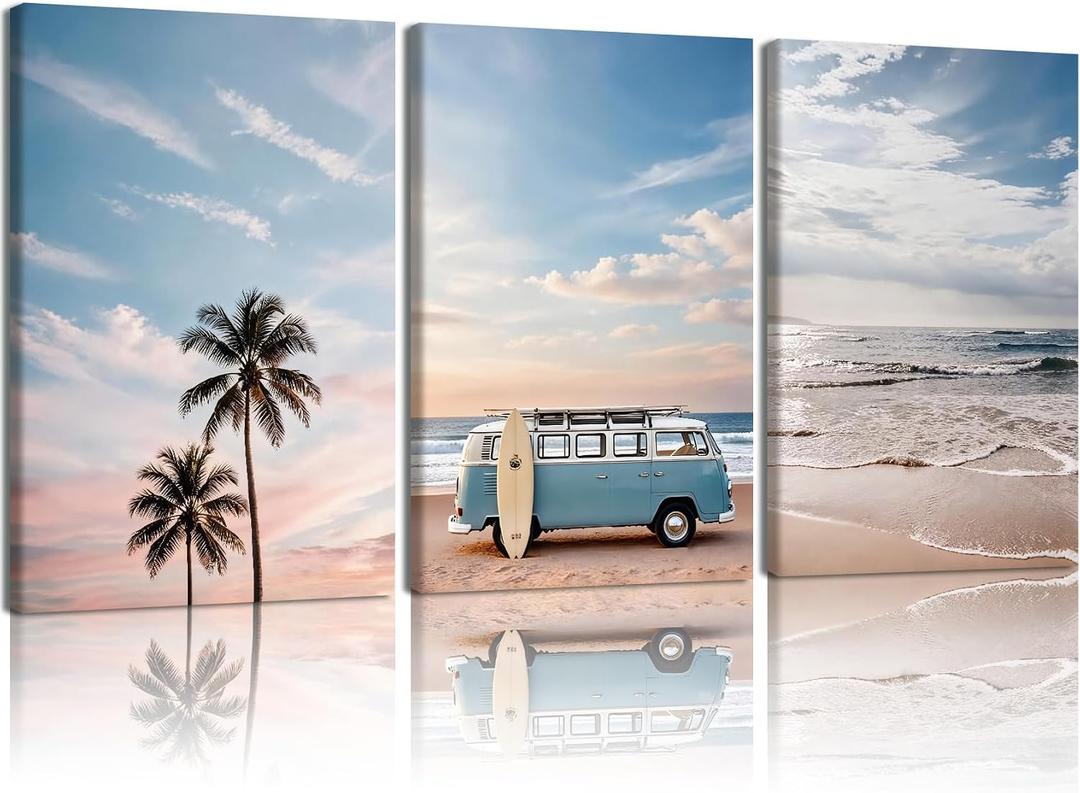 HCJWCXD 3-Piece Beach Canvas Wall Art Boho Framed Ocean Wave Ocean Poster Vintage Blue Van Palm Van Print Painting Mid-Century Modern Coastal Wall Decor 16x24 Inch for Living Room Bedroom Office