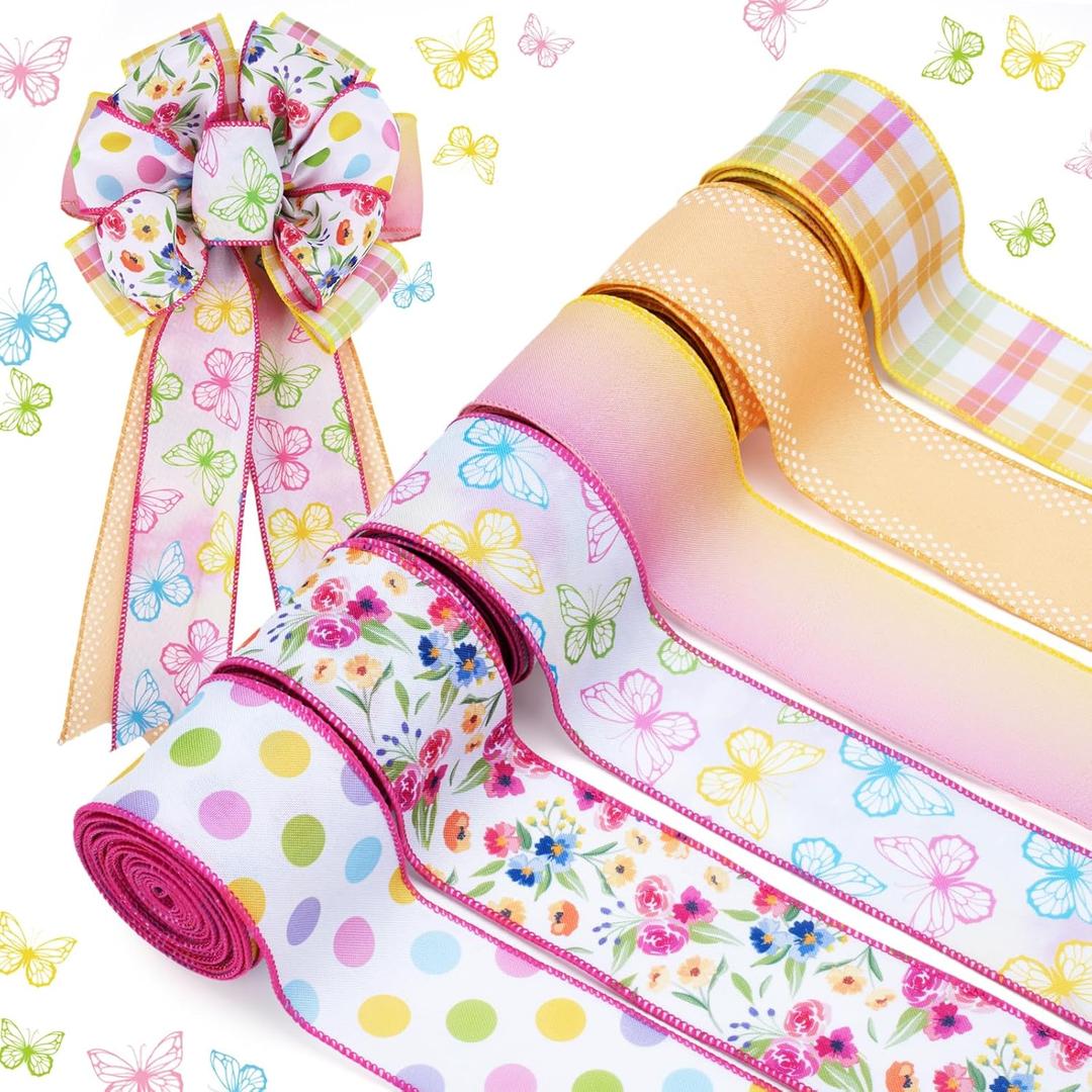 LaRibbons Floral Ribbon Wired 6 Rolls 2.5 Inch x 36 Yards TTL, Pastel Flower Butterfly Ribbon with Striped and Polka Dot Printed for Spring Easter Summer Crafts Wrapping Wreath Bow Basket Decoration (6R - Pink Yellow Set)
