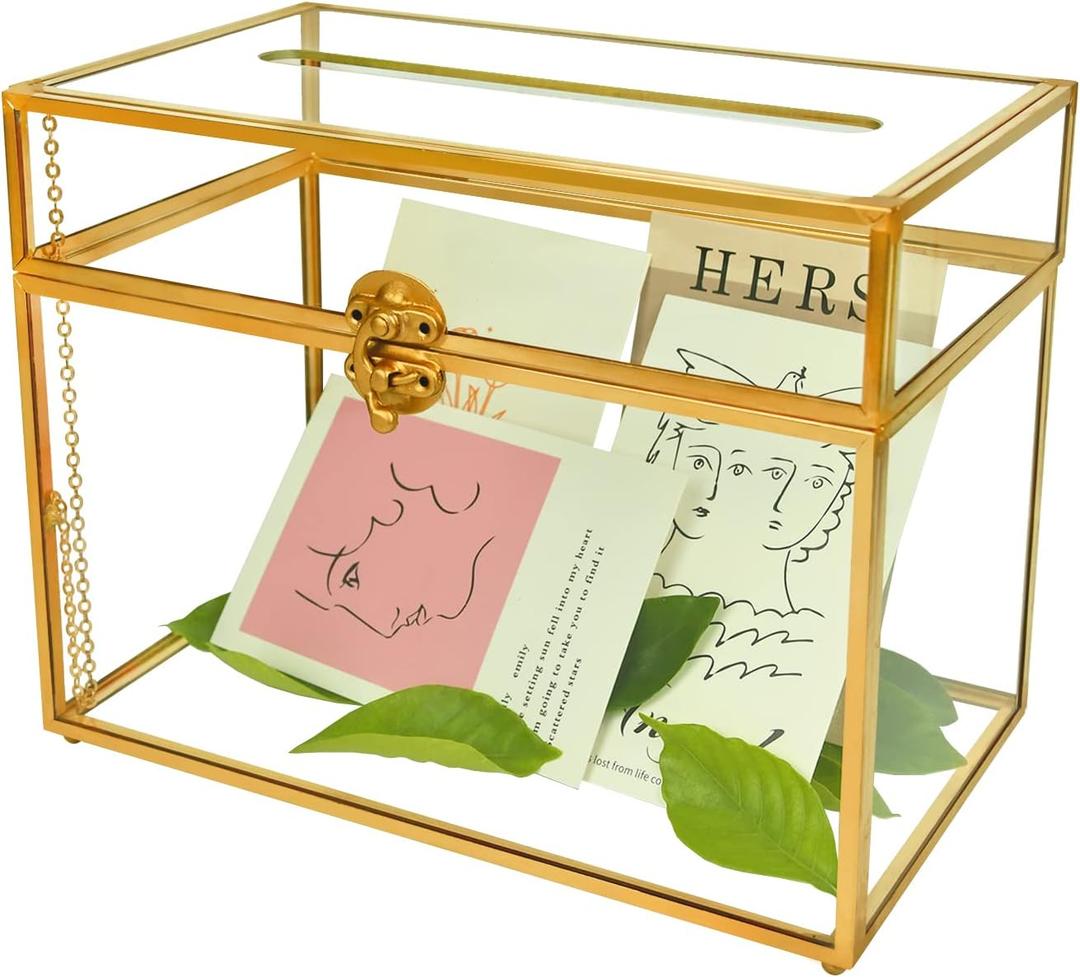 Gold Glass Card Holder - Rectangle Shape Wedding Envelope Box with Slot and Foot, Perfect for Reception and Party Centerpiece