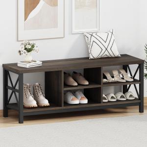 FATORRI Shoe Bench Entryway with Storage, Industrial Wood and Metal Hallway Benches with Adjustable Shelves, Rustic Entry Way Bench for Living Room (47.24 Inch Long, Walnut Brown), 47.24"W x 14.17"D x 18.11"H