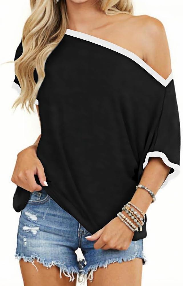 BONITEE Womens Off The Shoulder Shirt Boat Neck Oversized Tshirts Short Sleeve Tops 2026 Summer Casual Loose Clothes Tunic (Black, XXL)