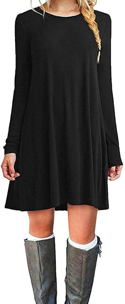 Women's Casual Plain Fit Flowy Simple Swing T-Shirt Loose Tunic Dress (Black)