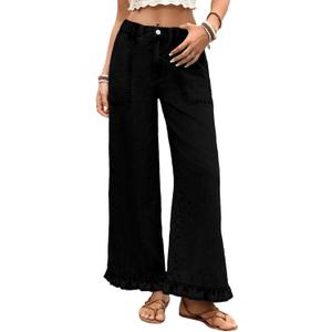 Astylish Wide Leg Jeans for Women Stretch High Wasited Baggy Trendy Denim Jean Ruffle Hem Pants, Size 4