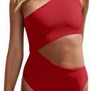 Women's One Piece Ribbed Swimsuit One Shoulder Cutout Swimwear Sexy Bathing Suit (Red, M)