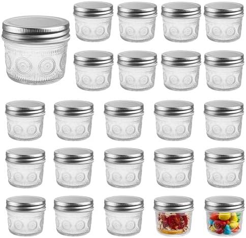Amzcku 4 oz Glass Mason Jars with Regular Mouth Lids - 24-Pack Glass Canning Jars for Storage, Overnight Oats, Jam, Jelly, Honey, Beans, Spices, Wedding Favors, Shower Favors