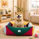 Cotton Canvas Dog Bed, Cute Dog Bed Medium Size Dog, Puppy Bed with Washable Removable Cover, Durable 290 GSM Cotton Anti-Chewing Pet Bed with Anti-Slip Bottom (30"x25"x10", Red&Yellow&Green)