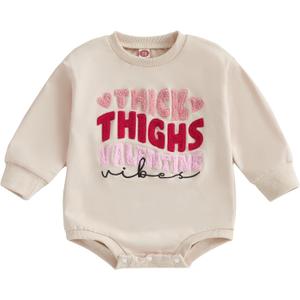 FIOMVA Valentines Girl Outfit Infant Heart Bow Bubble Romper Sweatshirt Newborn Bodysuit Top Toddler Spring Clothes (0-3 Months, G Thick Thighs Valentine Apricot), 6-12 Months