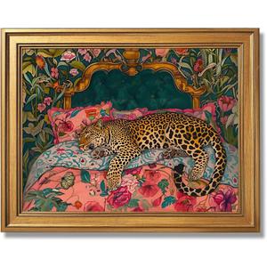Gold Framed Sleeping Leopard Wall Art Luxury Jungle Colorful Cheetah Animal Poster Retro Maximalist Tropical Floral Pink Dopamine Canvas Print Aesthetic for Bedroom Home Decor 16x24inch