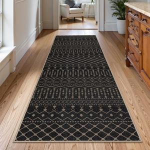 Lahome Washable Long Rug Runners for Hallways Non Slip, 2'6"x8 Jute Black Kitchen Runners Rug with Rubber Backing, Farmhouse Indoor Outdoor Runner Rugs, Moroccan Modern Carpet Runner for Entry Bedroom