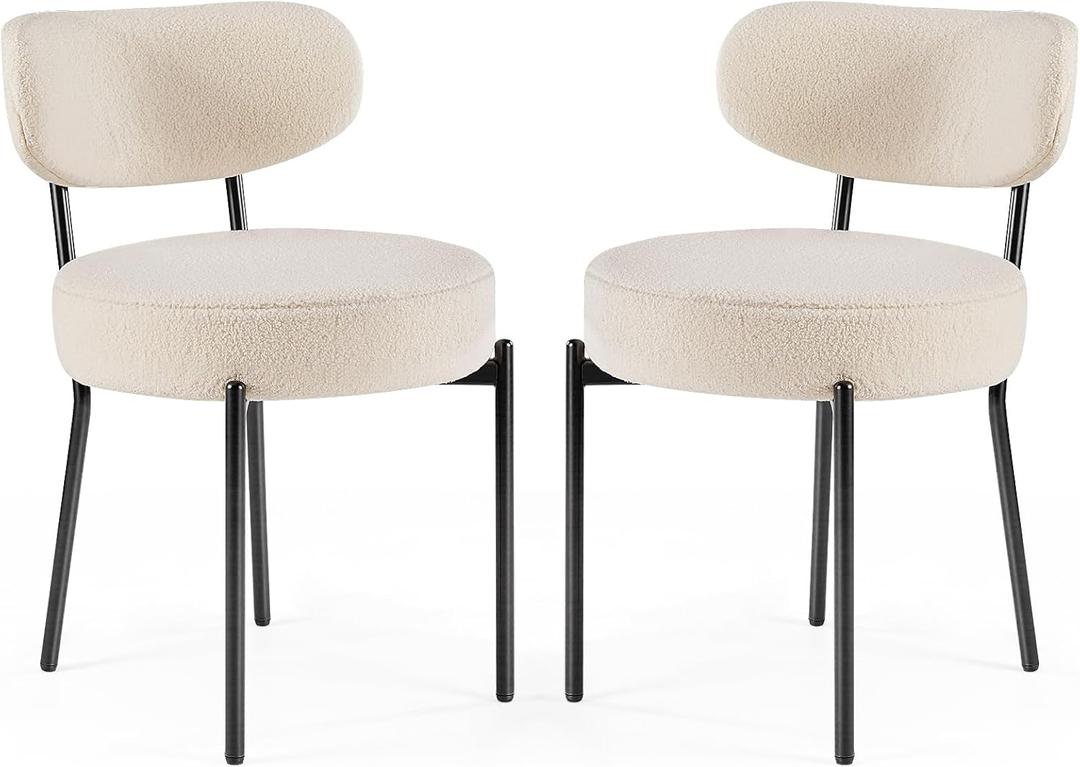 DUMOS Dining Chairs Set of 2, Mid Century Modern Chair Round Upholstered Curved Backrest, Kitchen Vanity Living Room Chairs with Black Metal Legs, Light Beige