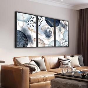 Large Framed Canvas Wall Art Set of 3, Shapley Blue Abstract Painting Watercolor Prints Geometric Block and Line Minimalist Artwork for Living Room Bedroom Office Kitchen Home Decor 32"x48" Each