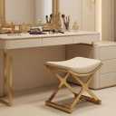 CHSSIH Vanity Stool Chair for Makeup - Small Backless Leather Stool for Vanity - Modern Ottoman Bench Seat with Metal X Legs, Footstool for Bathroom & Living Room - Gold, 15"D x 17.7"W x 17.7"H