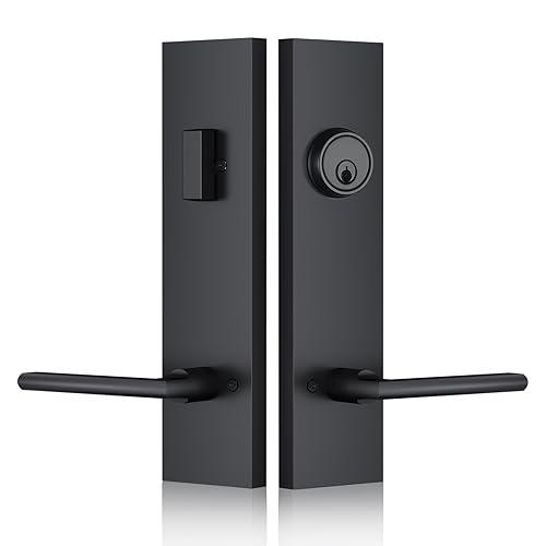 SNBTLA Matte-Black Front Door Handle - Modern Entry Door Lock Set with Deadbolt,Exterior Door Lever 3 Keys for Left & Right Hand Door (Black)