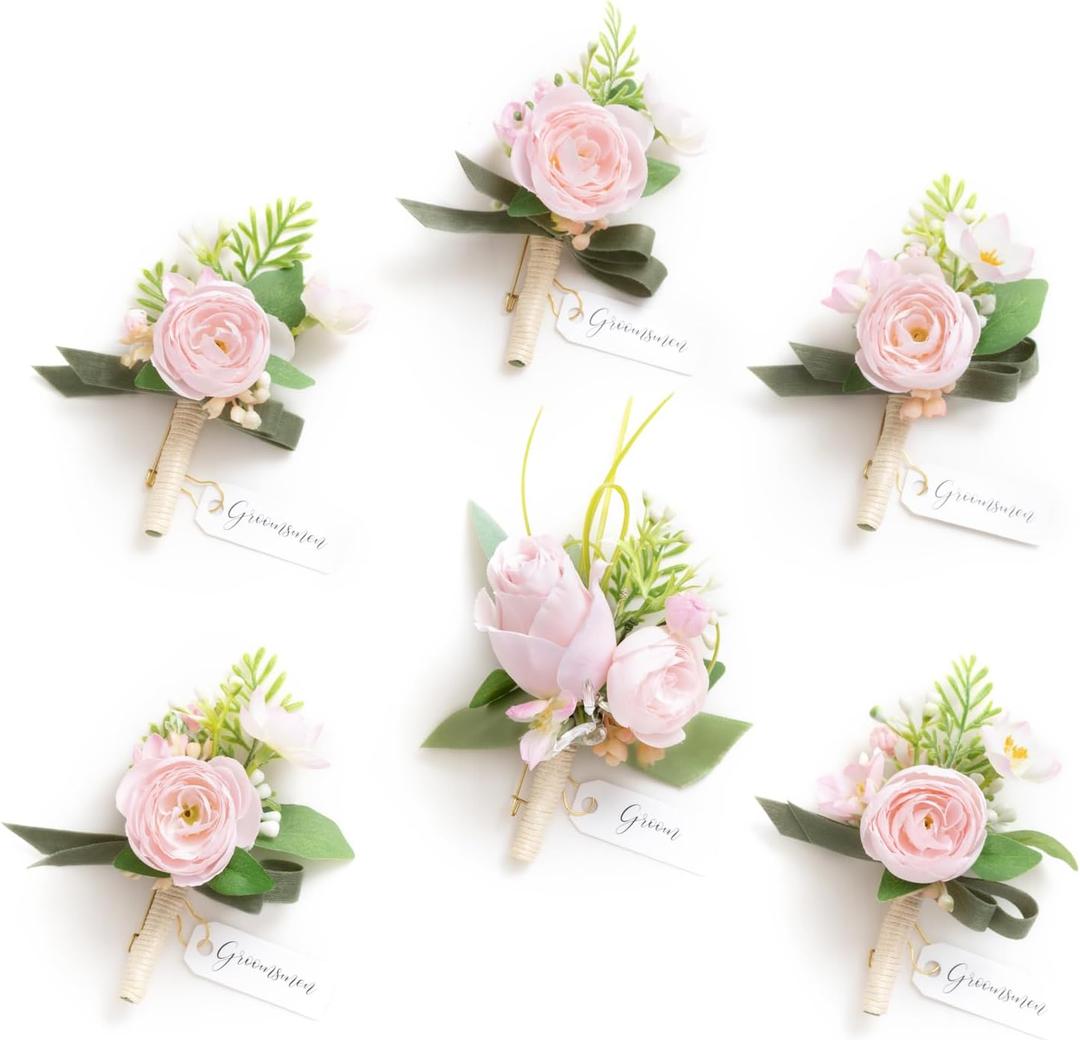 Ling's Moment Boutonniere for Men, 6pcs Groom Groomsmen Boutonniere, Artificial Flowers for Wedding Decor/Prom/Homecoming, etc.Blush Pink