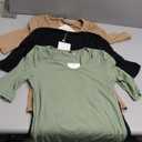 Riyiper 3 Pack Women's Half Sleeve Top Elbow Length Ribbed Cotton T Shirt Women V Neck Summer Tee Slim Fit Casual Blouses (Black, Khaki, Matcha Green) S