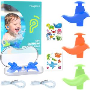 Hearprotek 3 Pairs Swimming Ear Plugs for Kids, Soft Silicone Reusable Waterproof Earplugs for Toddlers Bathing Swimming and Other Water Sports(Blue/Orange/Green)