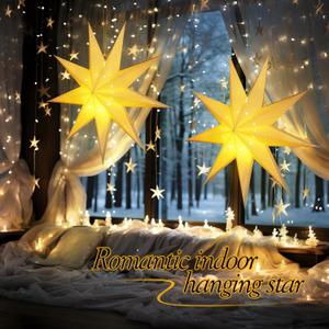 Hiboom 2 Pack Paper Star Lantern 24 Inch, 8 Mode 50 LEDs Firework Fairy String Lights, Seven Pointed Light up Hollow Out Star Hanging Decoration for Indoor Outdoor Room Wedding Christmas Party