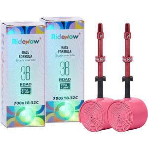 2 Pack Ridenow TPU Inner Tube 700C x 18-32C/32-47C with 45mm/65mm/85mm Pink Metal Presta Valve with Detachable Brass Core Lightweight Tubes for Road Bike Gravel (Include Repair Patch Kit)