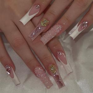 Long Press Coffin Glitter False Nails with Rhinestones Design Glue on French Tip Acrylic Glossy Full Cover Stick on Artificial Nails for Women Manicure 24Pcs