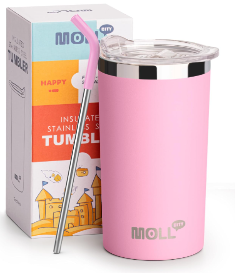 Mollcity Tumbler with Lids and Straws 12 oz Stainless Steel Double Wall Vacuum Insulated Skinny Tumbler for Girls, Leak Proof and BPA Pink
