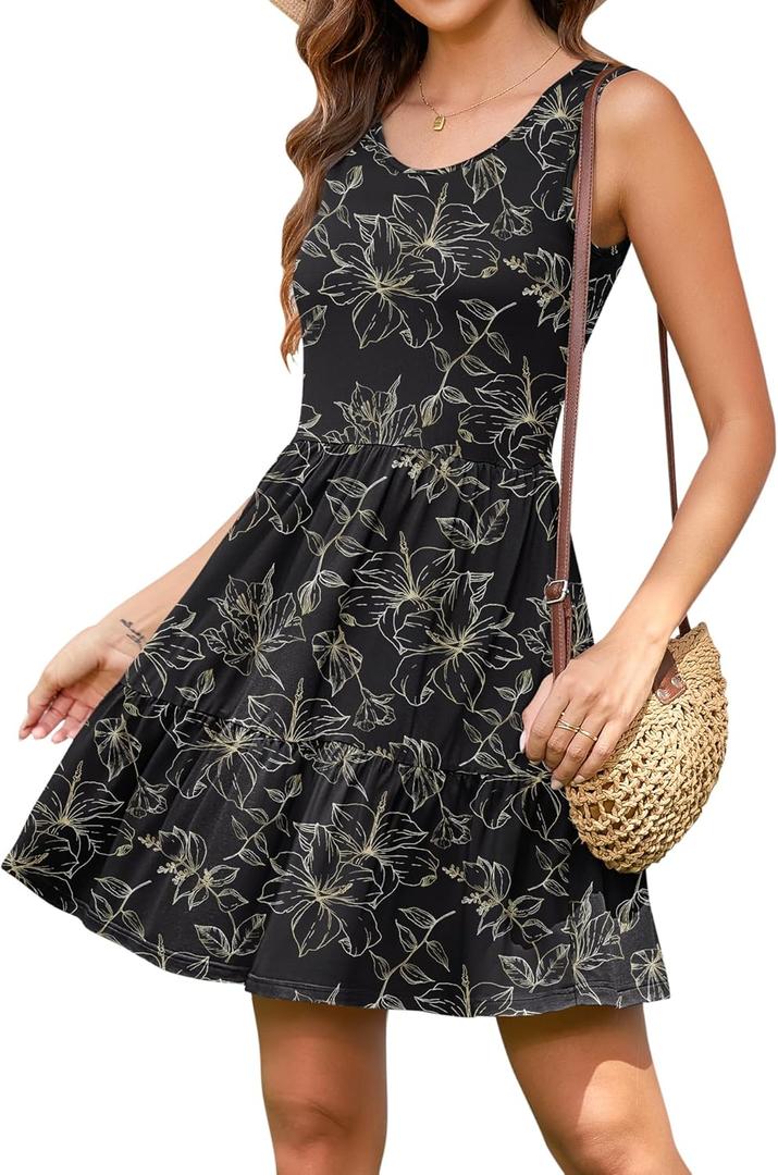 AUSELILY Womens Summer Dress Casual Sleeveless Crewneck T Shirt Sundress Flowy Tiered Swing Mini Dresses (Black, XL)