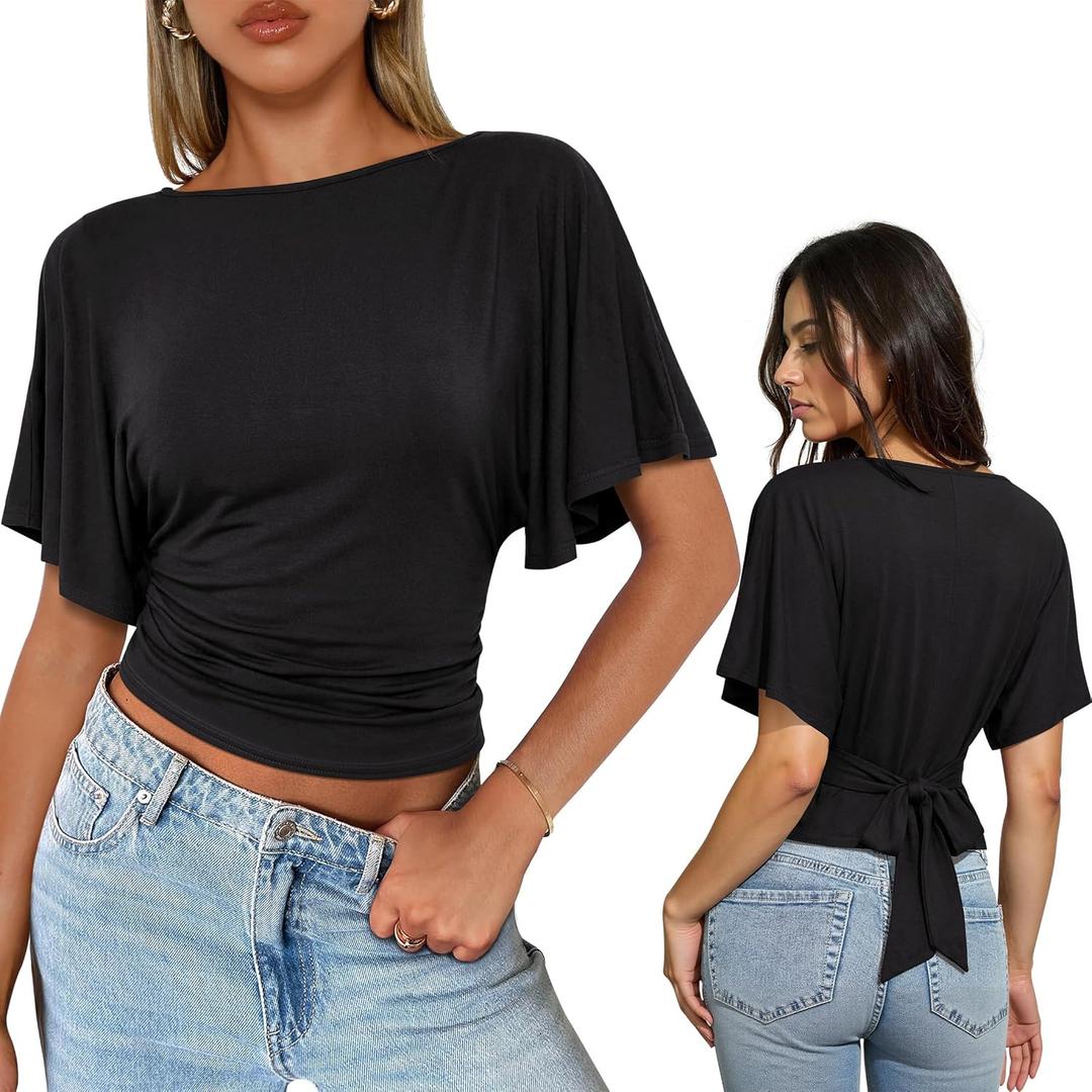 Women's Flutter Sleeve Cinched Tops Wrap Tie Back Waist Blouse Boat Neck Flattering Elegant Ruched Fitted Summer Casual Shirt (Large, 01-black)