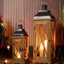 Farmhouse Wooden Metal Candle Lantern Set of 2, Rustic Large Decorative Floor Lanterns, Indoor/Outdoor Hurricane Lantern for Home Decor (No Glass)