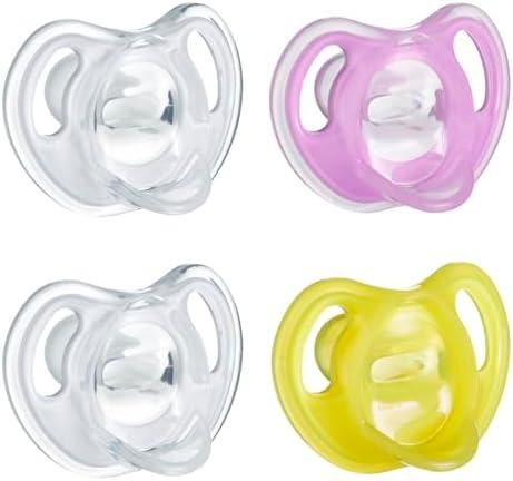Tommee Tippee Ultra-Light Silicone Pacifier, 6-18 Months, Symmetrical One-Piece Design, BPA-Free Silicone Binkies, Clear/Pink/Yellow, Pack of 4