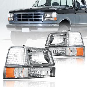 Headlights Compatible with 1992-1996 Ford F150 F250 F350/1992-1996 Bronco Replacements Headlamp Amber Reflector Chrome Housing (Basic Style)
