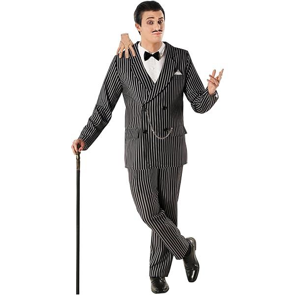 7PCS Halloween Cosplay Costume Set - 1920s Black & White Striped Style Tie, Cane, Detachable Collar & Mustache M