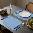 Set of 4 Blue Cotton Linen Placemats, 16 x 18 Embroidery Cloth Table Mats with Scalloped Edge Washable Fabric Place Mats Wavy Shape for Wedding Baby Shower Party Table Decor