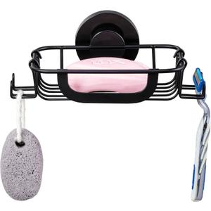 TAILI Soap Holder Dish Suction Cup with Hooks, Soap Saver Tray for Shower Wall, Bathroom, Tub, Rustproof Stainless Steel Sponge Holder for Kitchen, Drill-Free, Bathroom Shower Accessories(Black) (5.6" * 4.6")