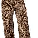Women's Letter Leopard Print Straight Leg Pants Elastic Waist Y2K Trousers Bottoms with Pockets (Large, Khaki)