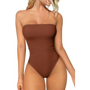 OQQ Womens Tube Bodysuits Strapless Basic Sleeveless Ruched Stretch Classic-Fit Tops Sexy Bodysuits (Large, Caramel)