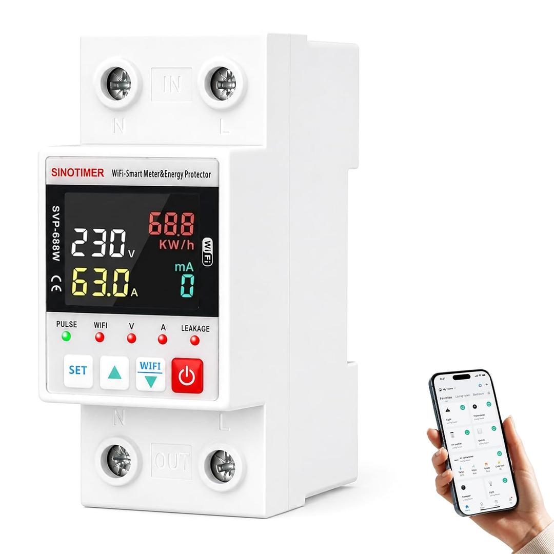 Colorful LED WiFi Smart Energy Meter, AC 63A 80-300V WiFi Earth Leakage Over Under Voltage Protector, Circuit Breaker Din Rail, Electricity Energy Monitor APP Remote Control Smart Life 230V