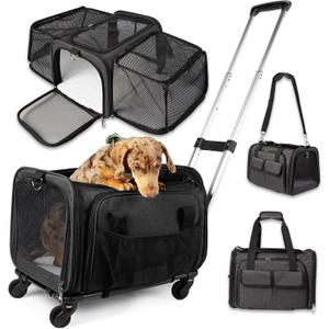 Pet Carrier with Wheels - United Delta American Frontier Airline Approved - Two Expandable Sides, Multiple Storage Pockets Adjustable Leash - Rolling Dog and Cat Carrier TSA Compliant (Charcoal)