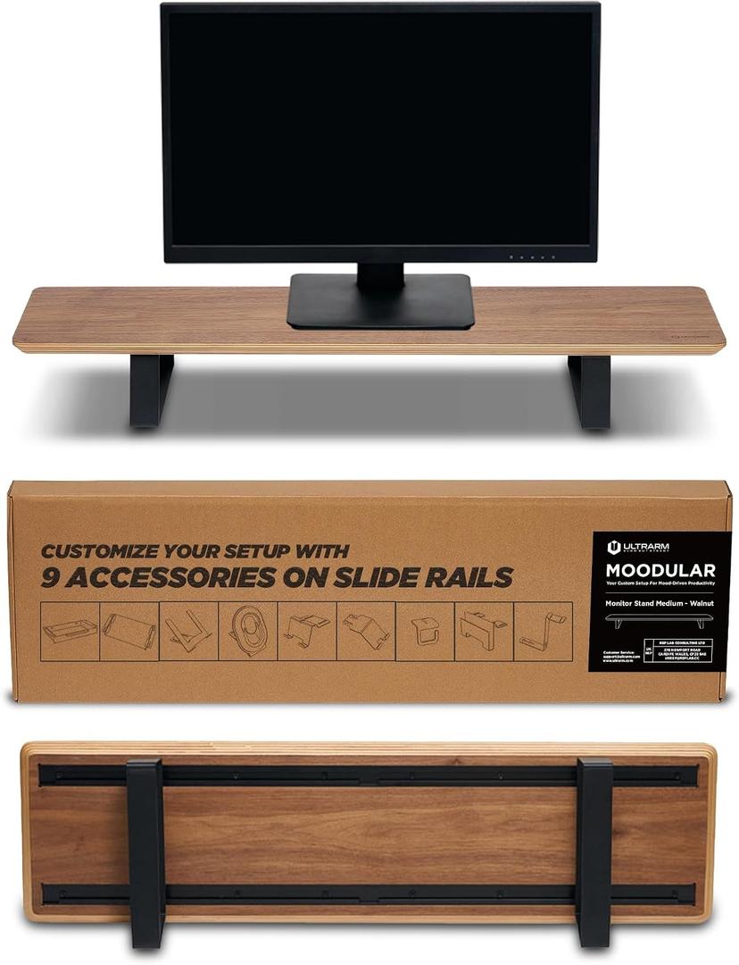 ULTRARM Moodular Wooden Monitor Stand 33.4 (85cm) Desk Organizer with Metal Slide Rails for Drawer, Tray, Laptop, Tablet, Phone & Headphones Customizable Riser for Organized Workspace Walnut MS85-W