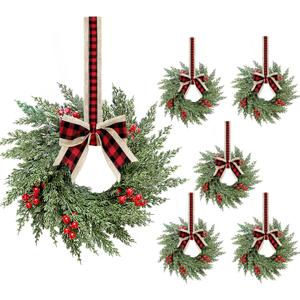 6 Pcs Small Christmas Wreath, Norfolk Pine Wreaths, 14in Mini Wreaths for Cabinets Christmas Candle Rings with Ribbon for Kitchen Window Decor, Mini Decorative Hanging Wreath for Xmas Decor