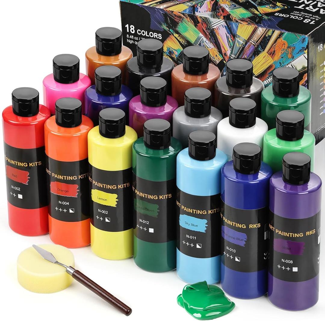 18 Colors Bulk Acrylic Paint Set (250 ml/8.45 oz Large Bottles), Non-Toxic for Kids & Adults, Acrylic Paint Bulk on Wood, Glass, Ceramic, Art Painting Supplies with Palette Knife & Art Sponge