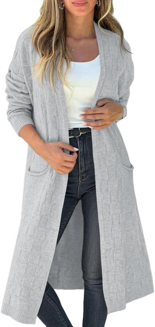 Saodimallsu Womens Long Cardigan Sweaters 2025 Oversized Open Front Checkerked Sweater Trendy Knit Jacket with Pockets