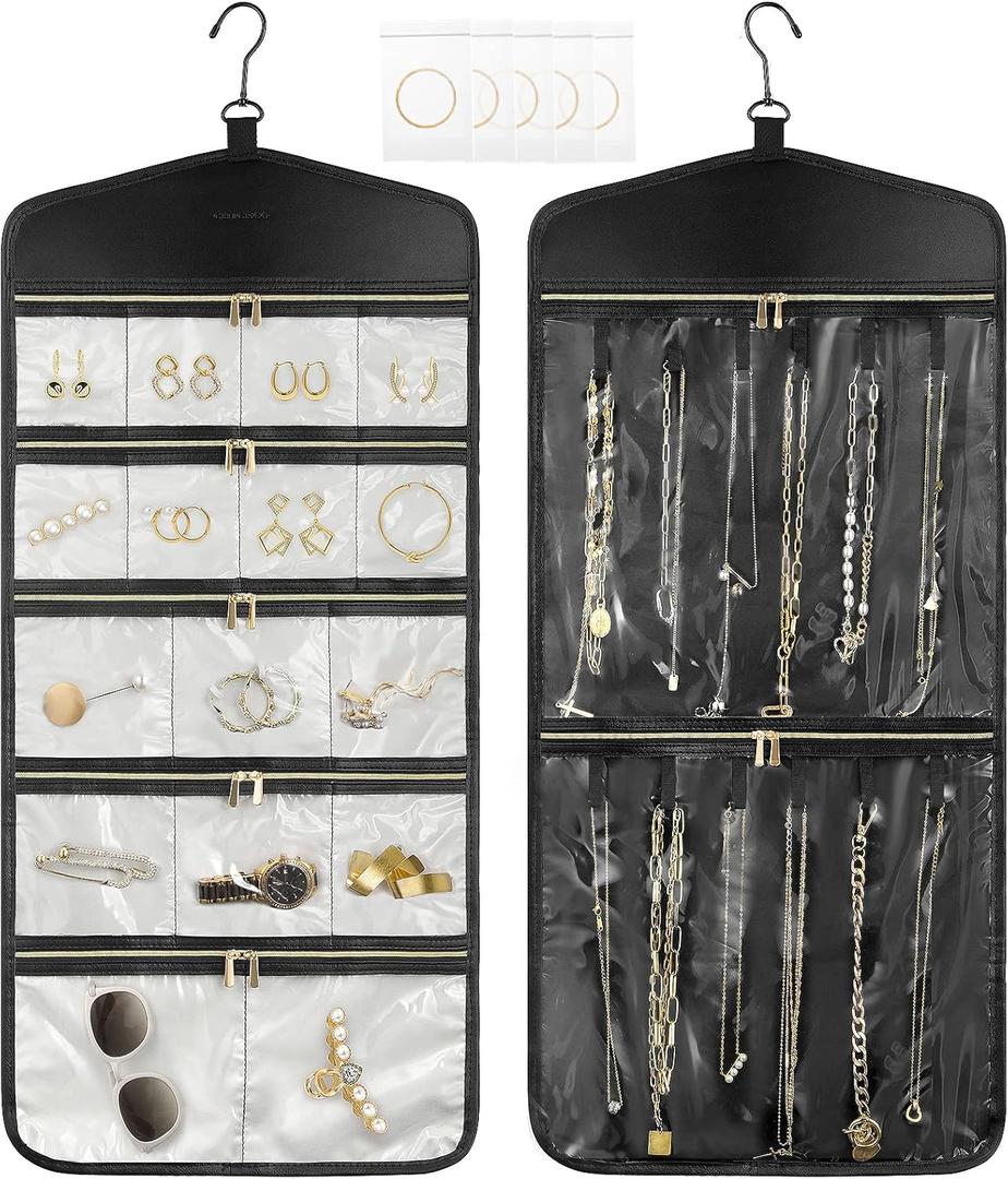 CHICECO Travel Jewelry Holder Organizer,Hanging Jewelry Organizer Storage With Zippered Pockets for Cloest,Wall,Door,Jewelry Holder for Earrings, NecklacesBeige Black
