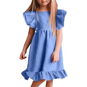 Bigeoosh Girls Dress Linen Boho Party Ruffle Sleeve A-Line Floral Hem Loose Fit Summer Outfits for 5-6 Years Kids