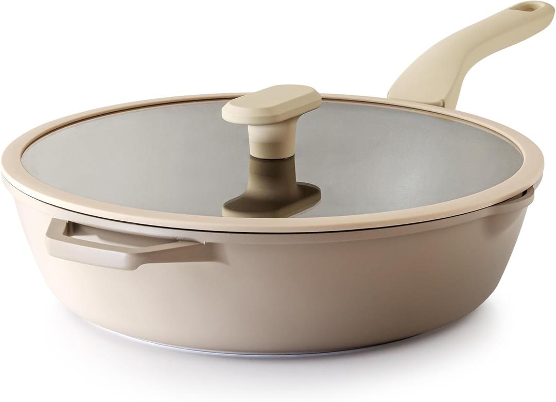 PRICUSIS Nonstick Deep Frying Pan with Glass Lid, 12 Inch (4.8 qt), 5X Durable Nonstick Saut Pan, Scratch & Stain Resistant, PFOA Free, Induction Compatible, Dishwasher & Oven Safe, Natural Linen