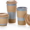 Nucookery Ceramic Travel Coffee Mug Set, Coffee Tumbler with Silicone Lid and Non-Slip Sleeve, Unique To Go Mug, Gifts for Women & Men, Microwave Safe Cappuccino, Tea, Latte, Iced-Coffee Cups, Blue