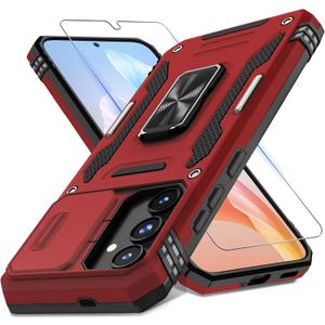 DEERLAMN Case for Samsung Galaxy S24 6.2-Inch with Slide Camera Cover+Screen Protector(1 Pack), Rotated Ring Kickstand Military Grade Shockproof Protective Cover-Red