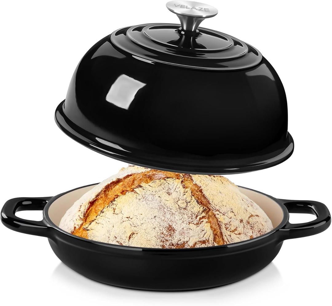 Velaze Enameled Cast Iron Dutch Oven for Bread Baking,5 QT Round Bread Oven Pot with Dome Lid for Sourdough, Roasting,Braising(Black)