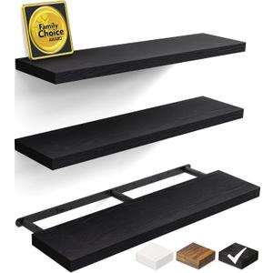 BAYKA Floating Shelves for Wall, 36 inches Long Wall Mounted Rustic Wood Shelves for Bathroom, Bedroom, Living Room, for Book/Storage/Decor with 30lbs Capacity - Black,Set of 3 (A. Black - Universal Classic Style)
