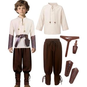 Kids Medieval Costume Boys Renaissance Viking Tunic Pants Accessories Outfit for Halloween Cosplay 11-12Y